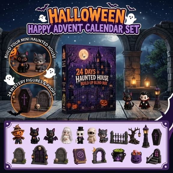 Halloween Advent Calendar, 24 Days Haunted House Build Up Blind Box with Spooky Mansion Themed Design, for Student and Gothic Home Decor Lovers, Fun Halloween Toys Surprise