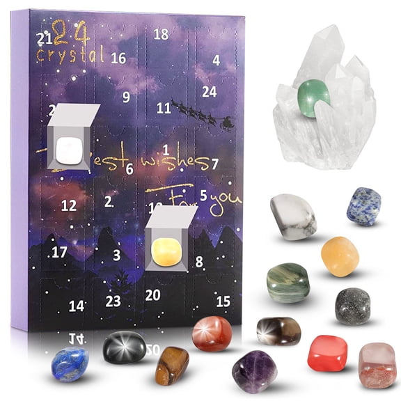 Halloween Advent Calendar Crystal Set, 24 Day Natural Agate Geode Gemstone Discovery Box with Green Aventurine Rose Quartz for Kids Gift
