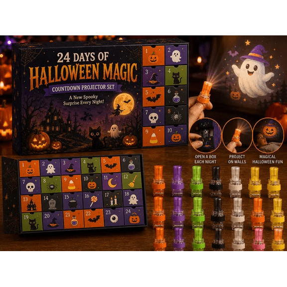 Halloween Advent Calendar with Finger Projector Lights, 24 Days Countdown Advent Box with Spooky Pumpkin Ghost Bat Projection Flashlights, Kids Halloween Party Favor Toy Gift Set