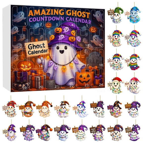 Halloween Advent Calendar, Halloween Decor 2d Acrylic Funny Ghost Holding a Sign Christmas Tree Hanging Ornament, Halloween Decor Indoor Surprise Blind Set Halloween Party Decorations for Gifts