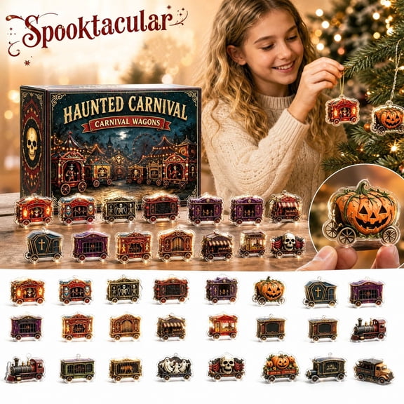 Halloween Advent Calendar with Haunted Carnival Wagon Acrylic Hanging Ornaments, 24-Piece Set, Spooky Circus Design, for Home and Party Decor, Halloween Countdown Box