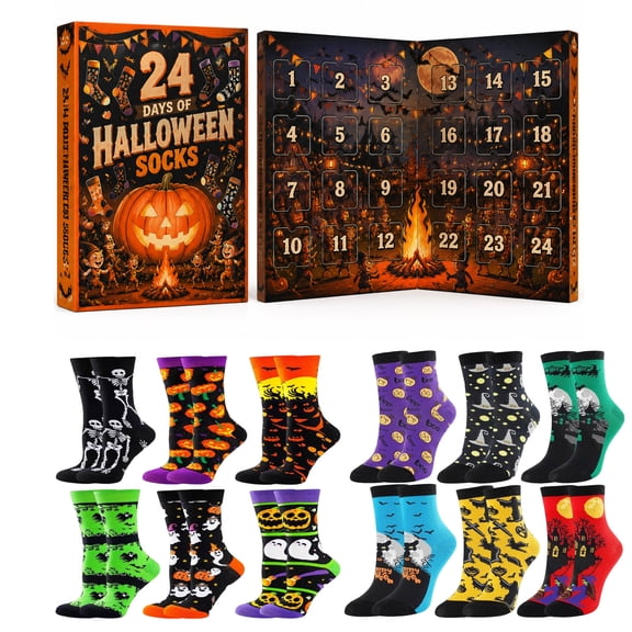 Halloween Advent Calendar Socks, 24 Pairs 3D Printed Themed Socks, Countdown Calendar Blind Box with 24 Unique Spooky Designs, Holiday Party Favor Gifts for Adult Halloween Festival Celebration