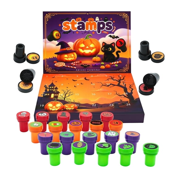 Halloween Advent Calendar Stamps Set with 24 Day Countdown Box Assorted Self-Inking Stampers for Teens Party Supplies Crafts Decorations Gift