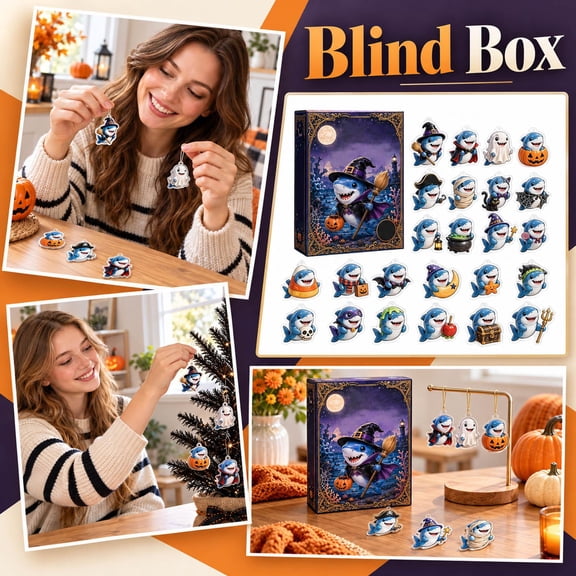 Halloween Advent Calendar with 24-Pack Cute Costumed Shark Charms, Acrylic Material, Multicolor, Halloween Decorations