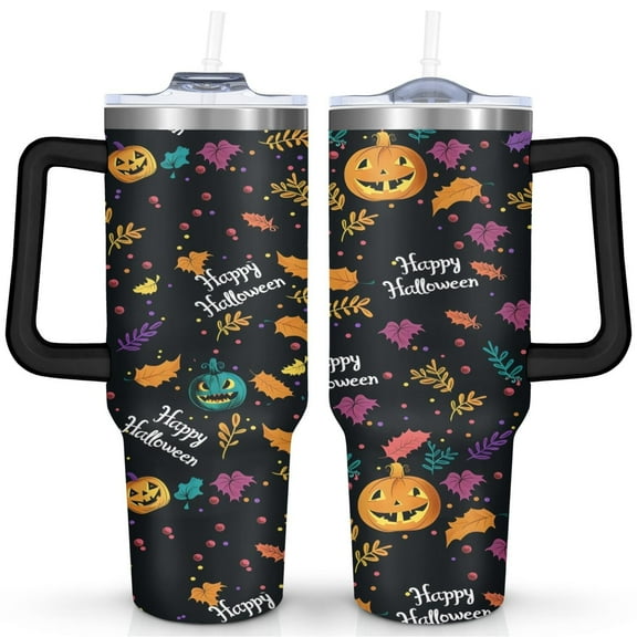 Halloween Aesthetic Tumbler 40oz - Retro Spooky Cute Ghost Pumpkin Art - Insulated Stainless Steel Mug - BPA-Free