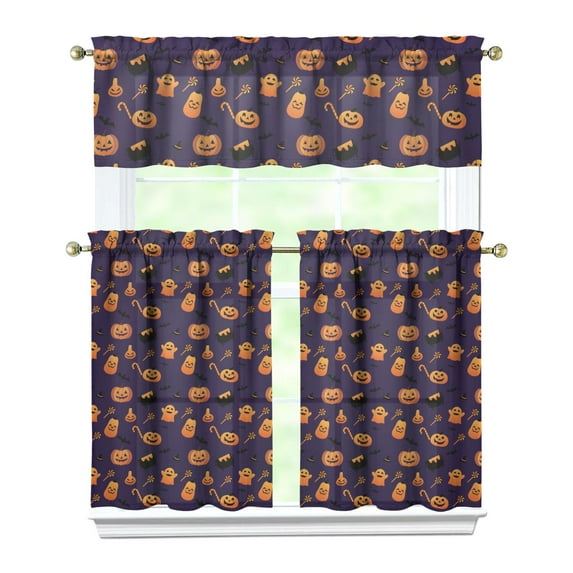 Halloween Aesthetic Window Treatments 3PC Set - Skull Spider Cobweb Pattern Semi-Sheer Curtains