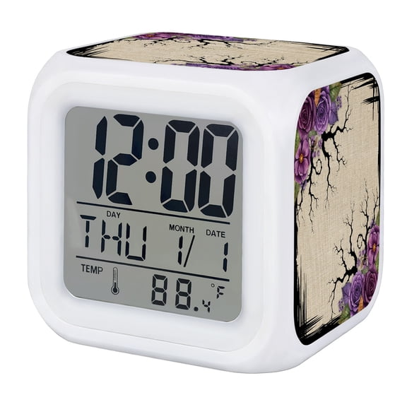 Halloween Alarm Clock, Dark Romantic Vintage Purple Rose Goth Tree Linen Texture Digital Clock Night Light with 7 Color, Calendar Temperature Display, LED Desk Small Clock for Bedrooms Living Room