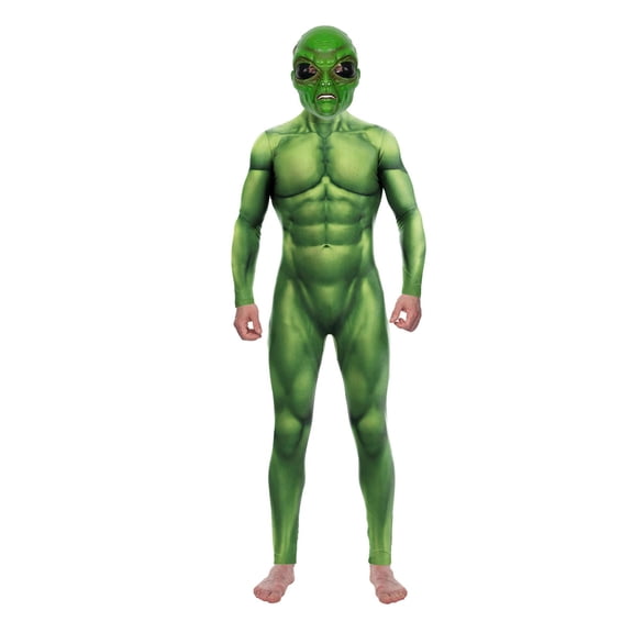 Halloween Alien Cosplay Costume with Mask,Alien Full Bodysuit,3D Musle Extraterrestrial Jumpsuit Catsuit Costume