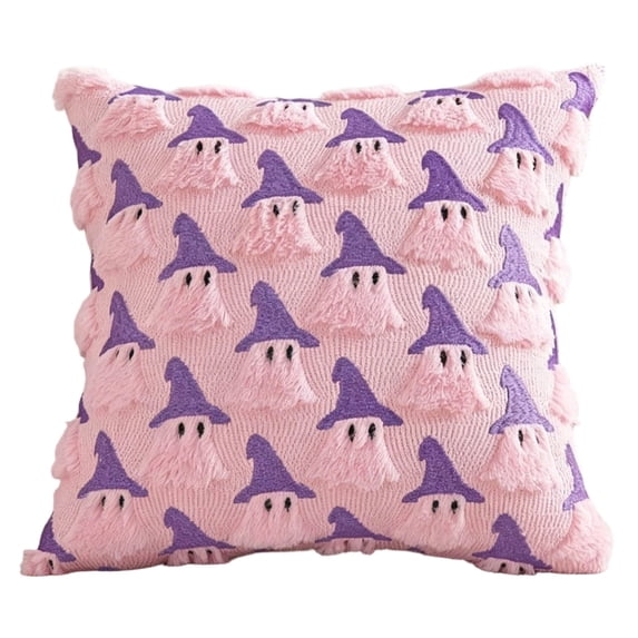 Halloween Allover Tufted Mini Ghost with Purple Witch Hat Throw Pillow Cover, 3 Pastel Knitted Cushion Case Hidden Zipper for Sofa Bedroom Party Decor