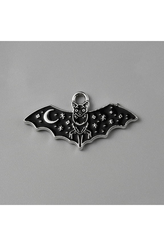 Halloween Alloy Enamel Pendants Platinum Bat Charm Black 13.5x25.5x1mm Hole: 2mm