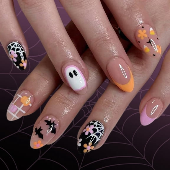 Halloween Almond Fake Nails Bat Acrylic Nails Glossy False Nails on Nails Full Covers Fake Nails