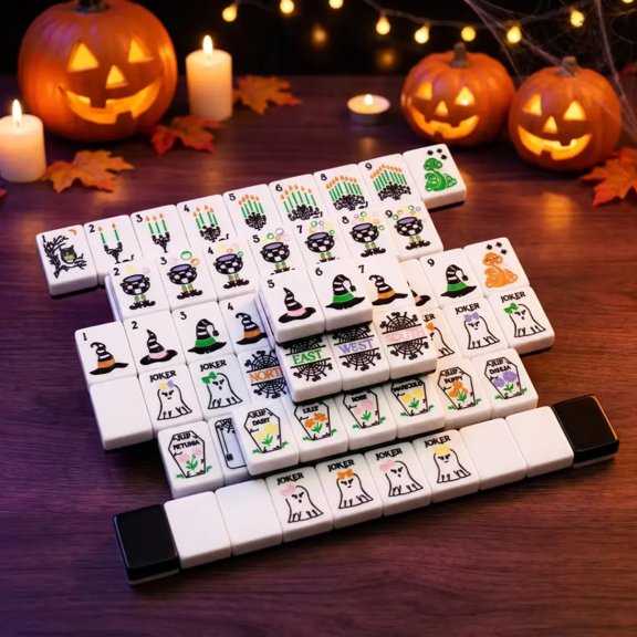 Halloween American Mahjong Set - 160-Tile Deluxe Game with Custom Halloween Icons, All-in-One Racks, Pushers & Carrying Bag