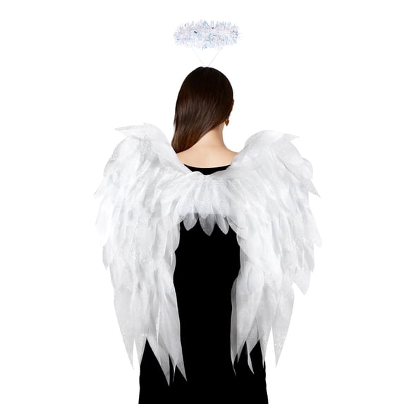 Halloween Angel Wings with Hairband Costume Realistic Chiffon Fabric Wings for Cosplay, Halloween, Theme Parties