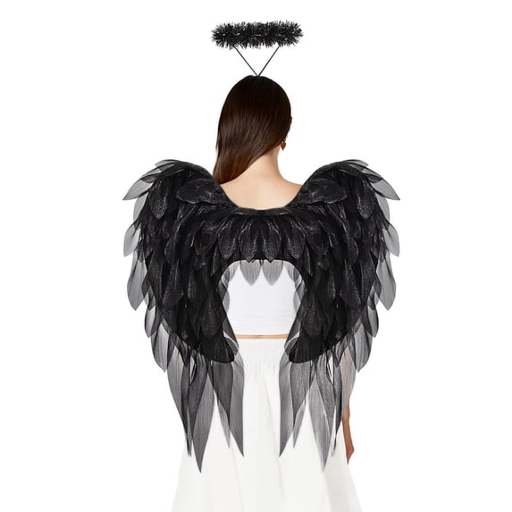 Halloween Angel Wings with Hairband Costume Realistic Chiffon Fabric Wings for Cosplay, Halloween, Theme Parties