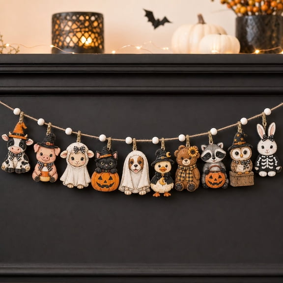 Halloween Animal Garland, Witch Pumpkin Ghost Wooden Porch Fence Banner for Autumn Party Decor