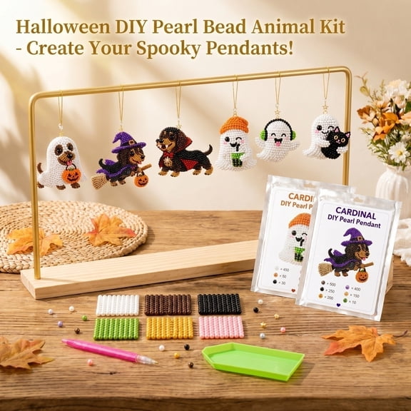 Halloween Animal Shaped Beaded DIY Craft Kit Colorful Ornament Beads Elastic String Jewelry Making Set for Halloween Party Indoor Outdoor Activity Supplies A,B,C,D,E,F