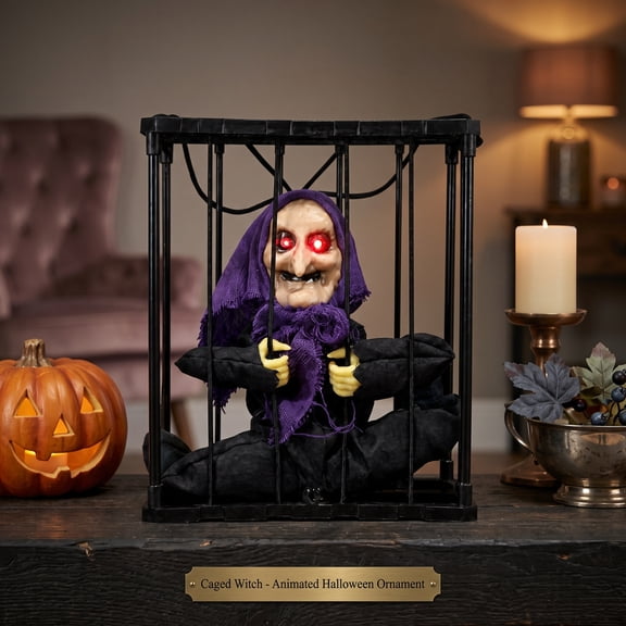 Halloween Animated Caged Witch Prop Light Motion Sensor Activated Screaming Animatronic Witch In Cage With Glowing Red Eyes Party Decoration
