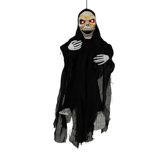 Halloween Animated Ghost Decorations,Voice Activated Hanging Skeleton Props,Scary Ghost with Creepy Sounds Light Up Eyes,Swing Legs for Haunted House,Porch Lawn,Animatronics Hanging Decor