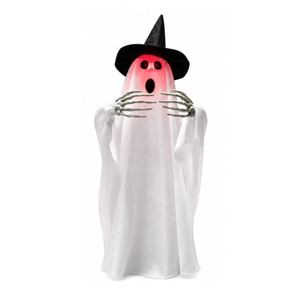 Halloween Animated Ghost with Glowing Red Face & Skeletal Hands 65cm Standing Spooky Ghost Prop with Witch Hat for Indoor Outdoor House Porch Decor, Light Up Halloween Decoration for Party