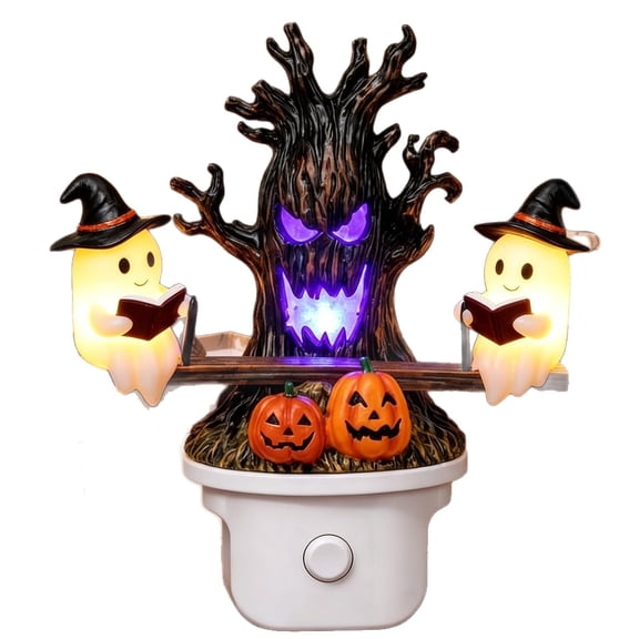 Halloween Animated Ghost Seesaw 3D Night Light, Plug-in 3D Table Lamp with Spooky Tree & Pumpkin,Tabletop Accent Light for Party Favors, Haunted House,Holiday Gift