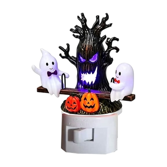 Halloween Animated Ghost Seesaw Plug Night Light, Spooky Haunted Tree Pumpkin LED Wall Plug Decor, Quiet Moving Ghost Halloween Nightlight for Bedroom Entryway Party