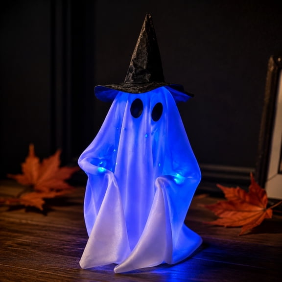 Halloween Animated Ghost Statue with Sound and Walking Function, Glowing Blue LED Ghost Wearing Witch Hat for Haunted House Home Decor