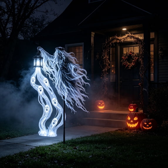Halloween Animated Grim Reaper Garden Light with Solar Powered Ghost Lawn Stake, Glowing Ghost White LED Soul Effect for Creepy Outdoor Yard Graveyard Display,1 PC