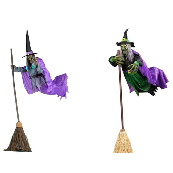 Halloween Animated Hovering Witches, 2 Pcs Light Up Voice Control Hanging Witch Decoration, Halloween Purple Witches for Walls, Ceilings, Trees & Entryways