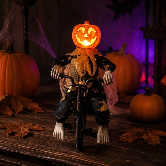 Halloween Animated Pumpkin Head Tricycle Doll Decoration, Motion Activated LED Light Up Pumpkin Ghost Prop with Moving Design, Spooky Tabletop Ornament for Porch Yard Party Fall Holiday Display