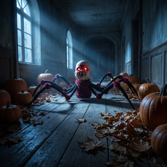 Halloween Animated Scary Baby Head Spider Prop, Light Up Red Eyes Haunted House Outdoor Yard Decor Statue