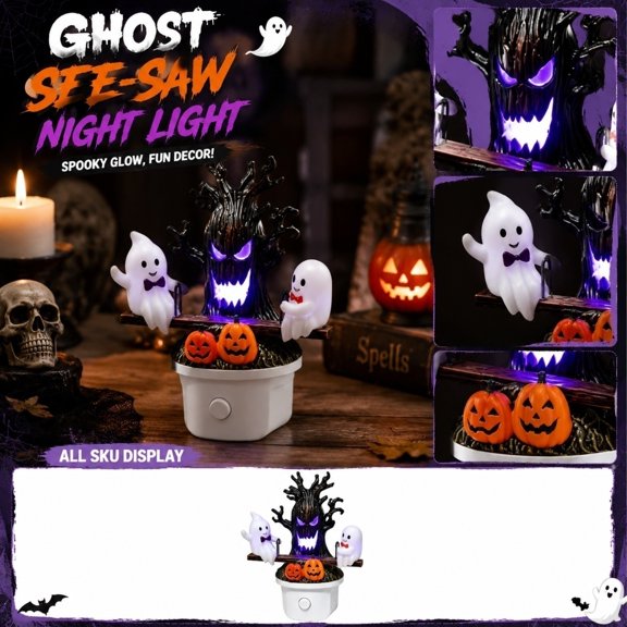 Halloween Animated Seesaw Ghost LED Night Light, Plug-in 3D Glowing Lamp with Spooky Tree & Pumpkin Design, Cute Halloween Decor, Ideal Indoor Ornament for Bedroom, Bathroom, Hallway (1Pcs)