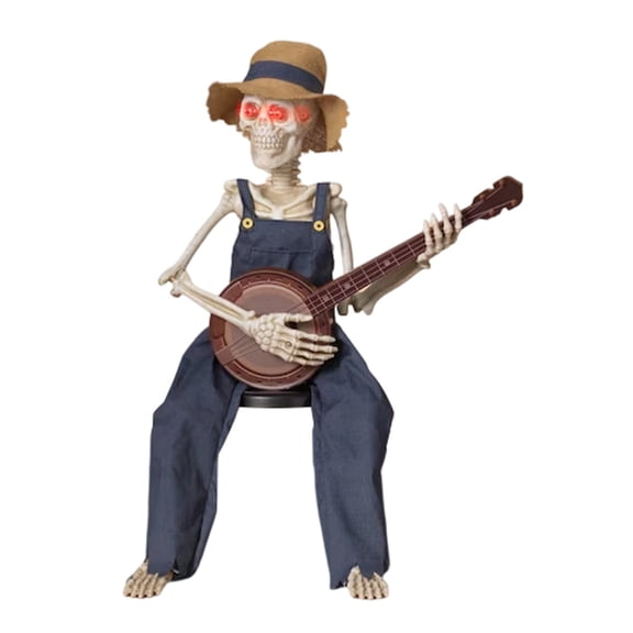 Halloween Animated Skeleton Musician Figurine Glowing Eyes Banjo Player for Indoor Decor 15.7 Inch