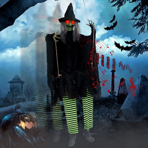 Halloween Animated Swinging Witch Hanging Decoration with LED Red Eyes and Motion Sensor, Battery Operated Ghost Prop for Haunted House Party
