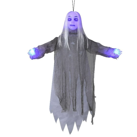 Halloween Animated Women Ghost Decorations,Voice Activated Hanging Ghosts Props,Scary White Hair Women Ghost with Creepy Sounds Light Up Face Body for Haunted House,Porch Lawn