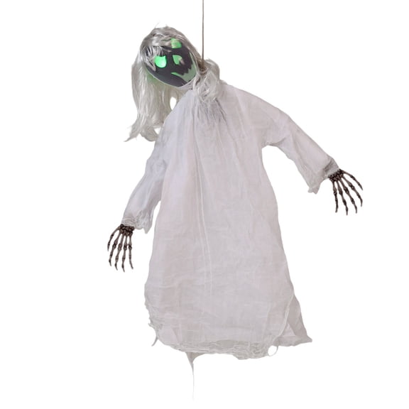 Halloween Animated Women Ghost with Posable Arm,Voice Activated Ghosts Props,Scary Ghost with Creepy Sounds,Light Up Eyes,Swing Legs for Haunted House,Porch Lawn,Animatronics Hanging Decor