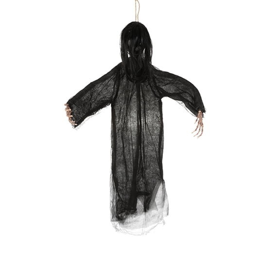 Halloween Animated Women Ghost with Posable Arm,Voice Activated Ghosts Props,Scary Ghost with Creepy Sounds,Light Up Eyes,Swing Legs for Haunted House,Porch Lawn,Animatronics Hanging Decor
