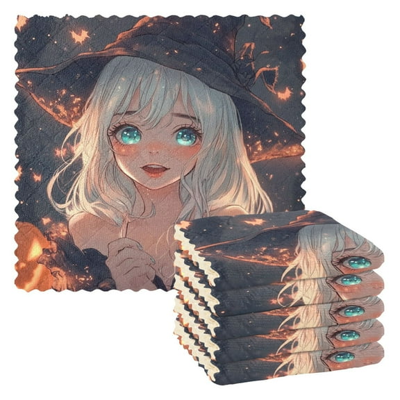 Halloween Animation Style Witch Kitchen Cloth Dish Towels for Drying Washing Absorbent Dish Rags 6 Pack