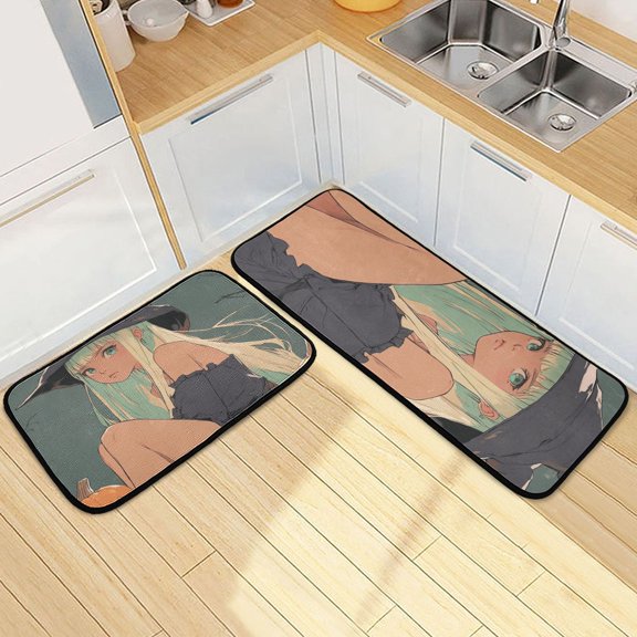 Halloween Animation Style Witch Kitchen Mat Set of 2 Cushioned Non Slip Rugs for Bedroom Floor Runner Mats