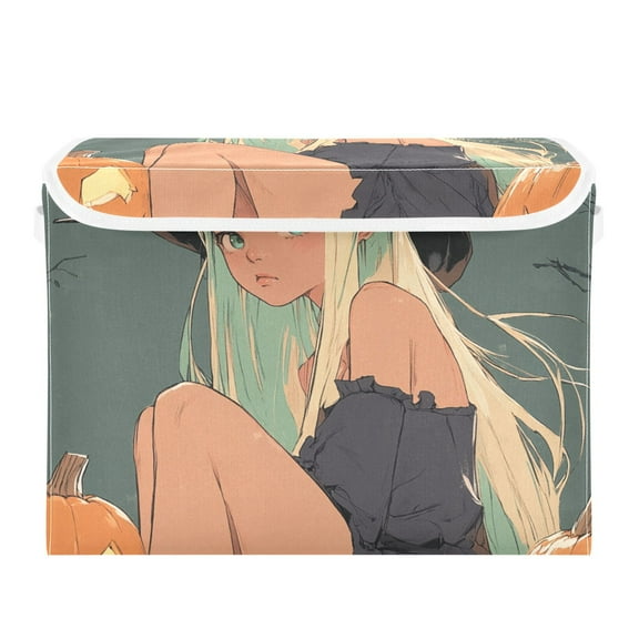 Halloween Animation Style Witch Large Storage Bins with Linen Collapsible Lid Storage Box 16.7 x 12.6 x 11.8in