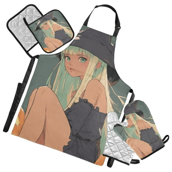 Halloween Animation Style Witch Oven Mitts and Pot Holders with Chef Apron Set 5 Pcs Kitchen Cooking Set
