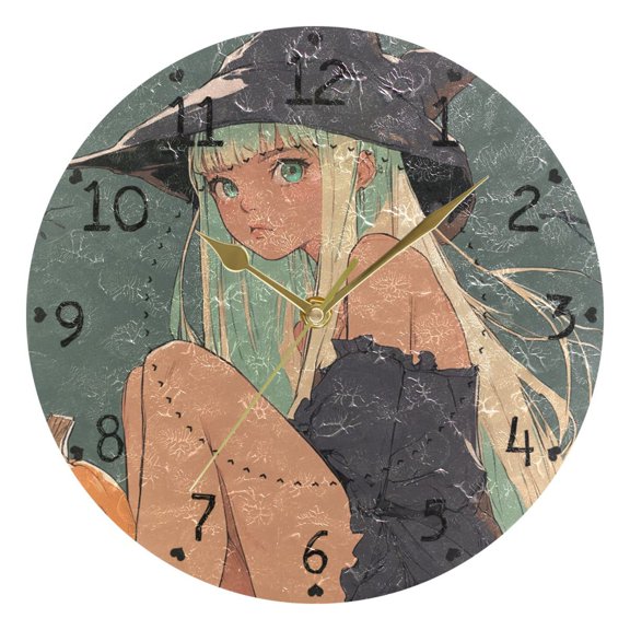 Halloween Animation Style Witch Round Wall Clock Silent Battery Operated Home Decor for Living Room Bedroom