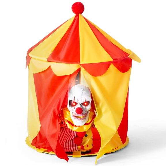 Halloween Animatronic Clown Circus Tent Decoration Creepy Peek-a-Boo Clown with Red Light-Up Eyes Scary Voice & Moving Head Haunted Carnival Horror Prop for Graveyard Porch Garden Party Decor