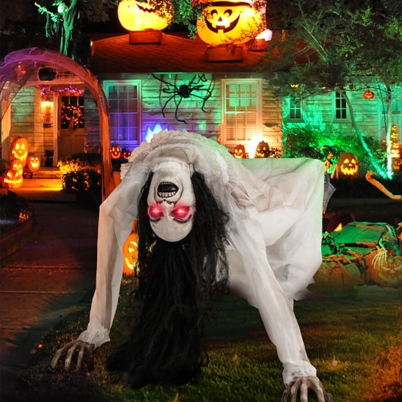 Halloween Animatronic Crawling Woman Ghost, voice activated, glowing LED eyes, Halloween haunted house decoration