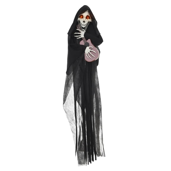 Halloween Animatronic Grim Reaper Decoration, 4.3ft Guitar Playing Reaper Prop with Sound & Glowing Eyes, Motion/Sound Activated, Indoor/Outdoor Spooky Decor