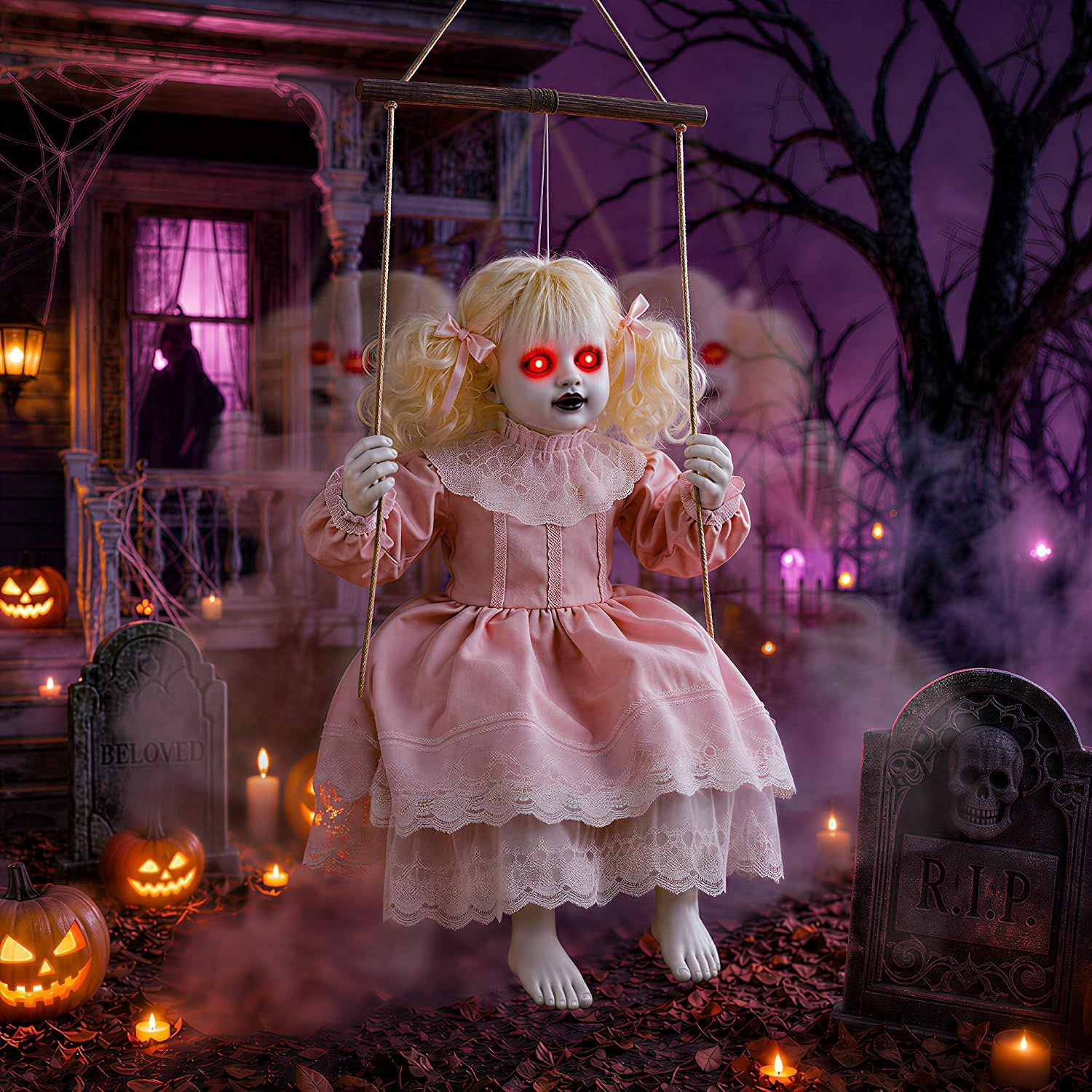 Halloween Animatronic Hanging Swinging Doll with Lighted Eyes and Creepy Sounds, Sound Activated Haunted House Prop for Indoor and Outdoor Decor
