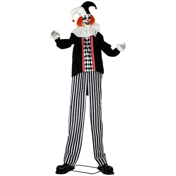 Halloween Animatronic Prop, 106.3 Inch Giant Animated Clown with Sound and Touch Activation, LED Eyes and Moving Arms for Indoor or Covered Outdoor Use