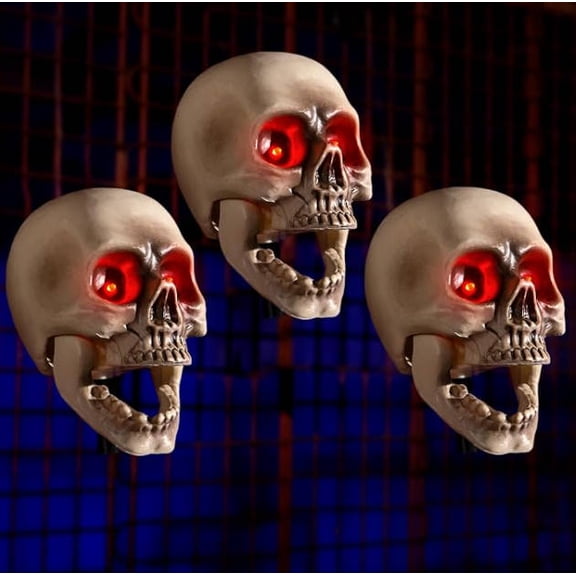 Halloween Animatronic Skull D rations,Sound Activated Skeleton Heads with Sound, Light Up Eyes & Mouth Move,Creepy Spooky Skull,Animated Halloween Props for Lawn Yard Outdoor Party(3 Pack)