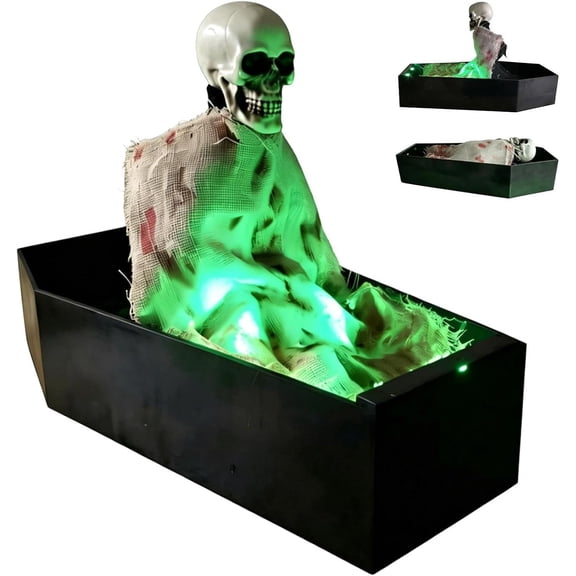 Halloween Animatronics Animated Skeleton in Coffin, 12" Voice-Activated Spooky Decor with Lights & Sound, Haunted House Prop for Indoor Tabletop (k)