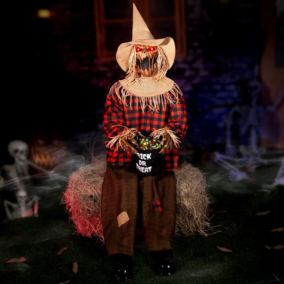 Halloween Animatronics Decorations Scary Sitting Scarecrow with Candy Bag, 55'' Animated Jumpscare Halloween Props with Sound & Motion Activated, Lighted Eyes, Creepy Sound for Haunted House Outdoor