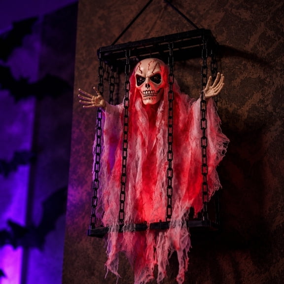 Halloween Animatronics Hanging Light-up Eye Sounded Hanging Skull Cage Prisoner with Motion Sensor Activated,Animated Skeleton Decorations for Party Haunted House Yard Lawn Indoor Outdoor Party Decor